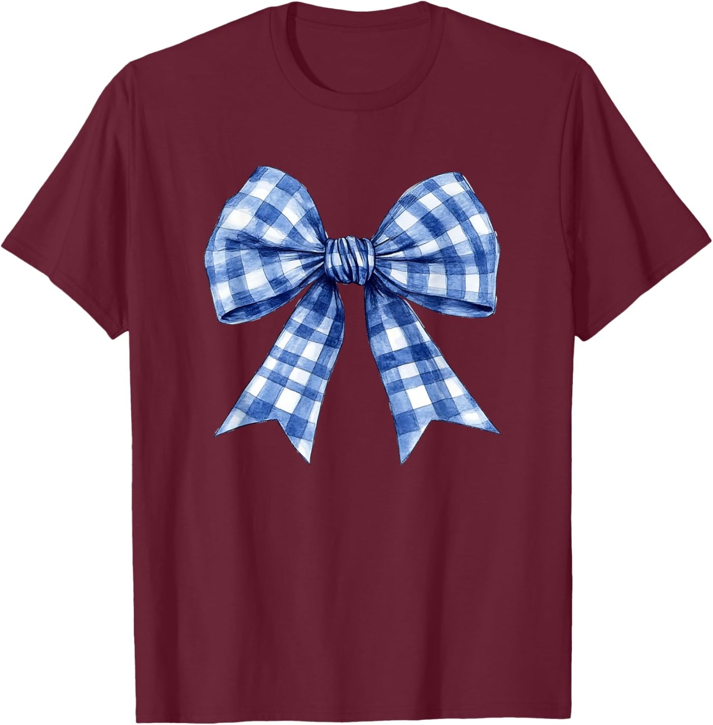 Blue Gingham Coquette Bow Trendy Retro Plaid Cute T-Shirt - T-Shirt | Maroon