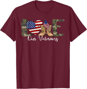 Love Our Veterans Day Proud Military American Flag T-Shirt - T-Shirt | Maroon