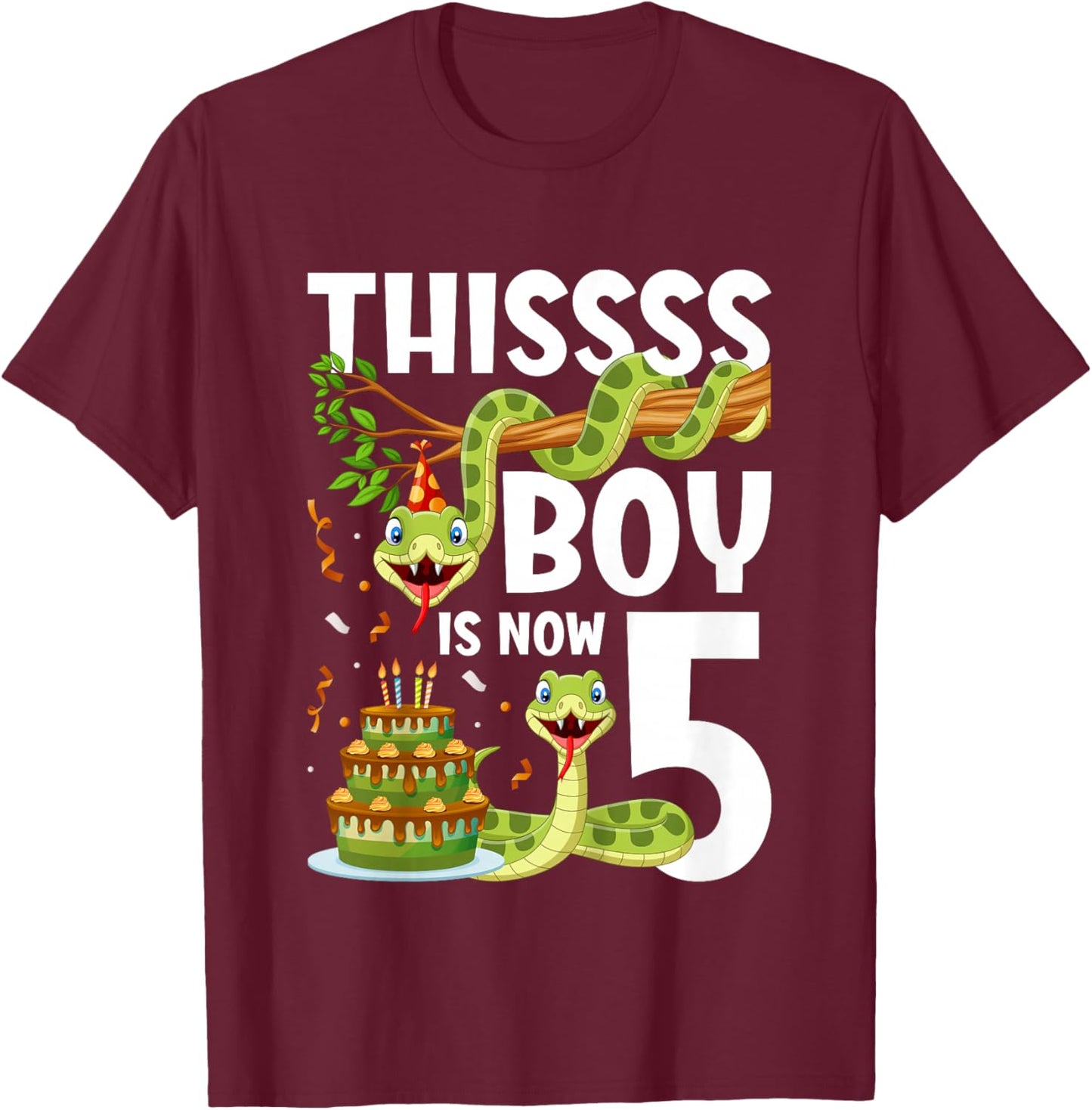 Kids 5th Reptile Birthday 5 Year Old Boy Snake Birthday Party T-Shirt - T-Shirt | Maroon