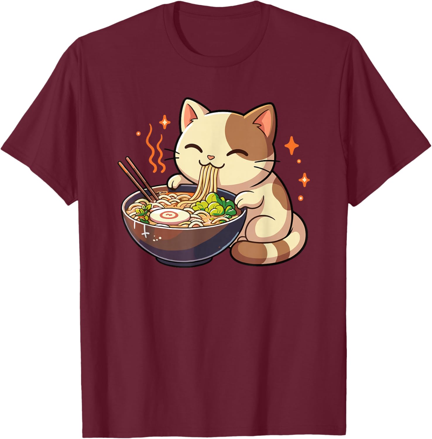 Cat with Noodles Ramen Kawaii Cat T-Shirt - T-Shirt | Maroon