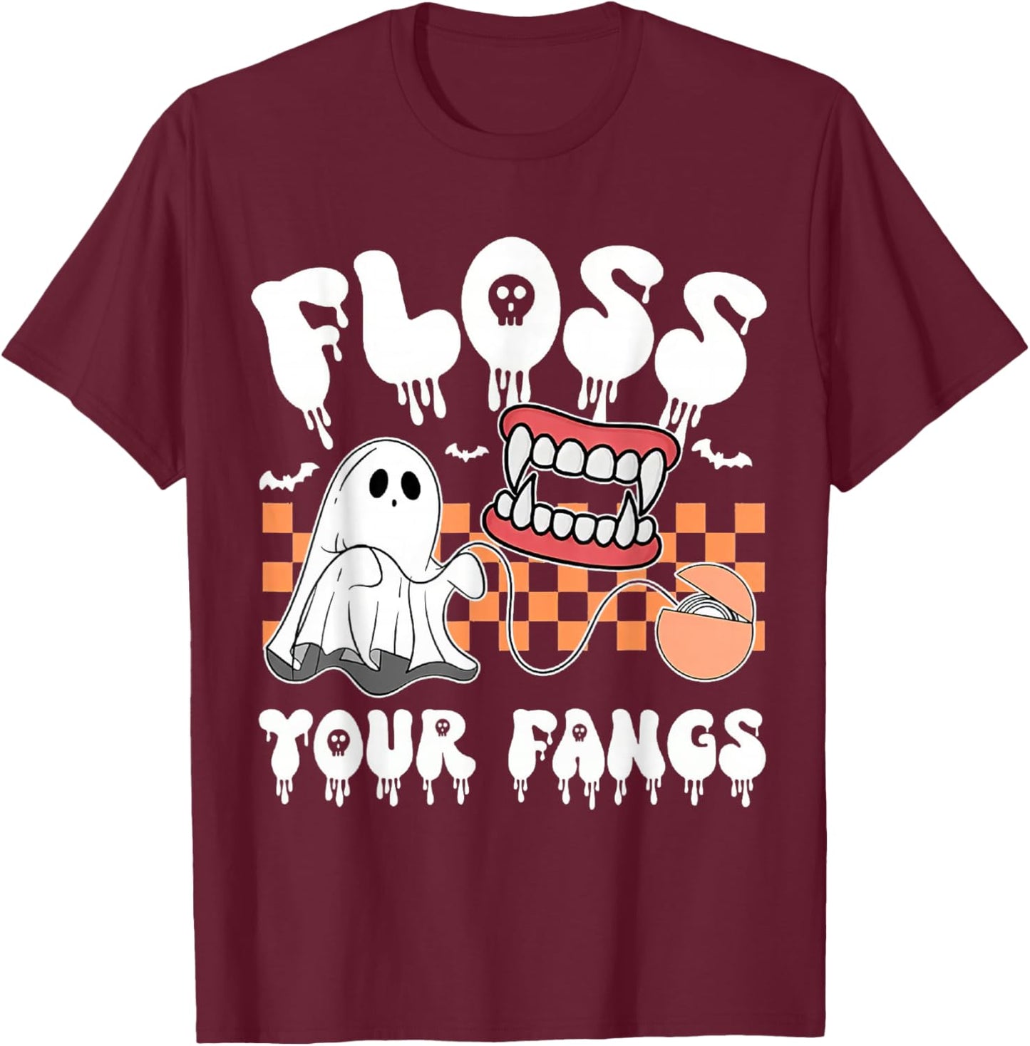 Retro Funny Teeth Floss Your Fangs Dentist Spooky Halloween T-Shirt - T-Shirt | Maroon
