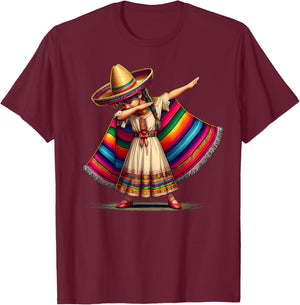 Funny Dabbing Mexican Poncho Sombrero Cinco de Mayo Girl T-Shirt - T-Shirt | Maroon