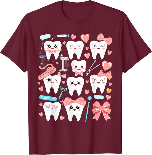 Pink Coquette Bow Cute Teeth Dentist Squad Dental Assistant T-Shirt - T-Shirt | Maroon