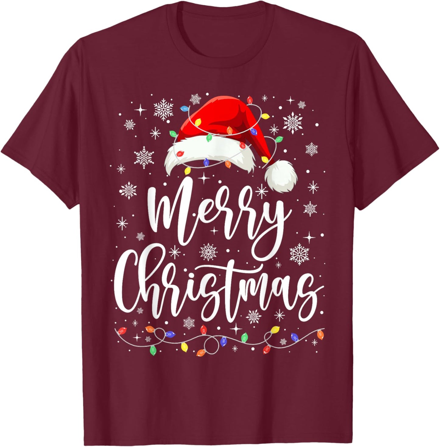 Merry Christmas Lights Red Santa Hat Xmas Family Men Women T-Shirt - T-Shirt | Maroon