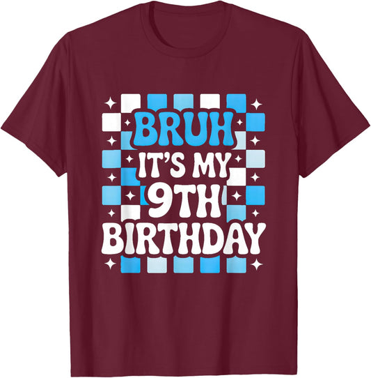 9th Birthday Bruh Blue Checkered Trendy Birthday Boy T-Shirt - T-Shirt | Maroon