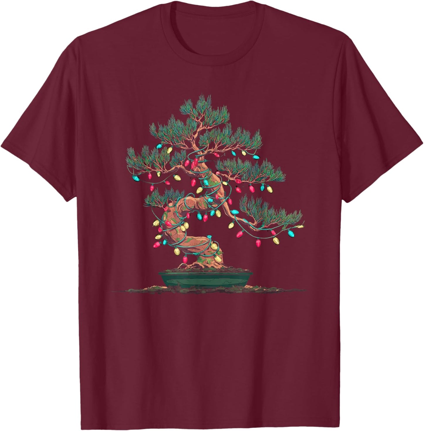 Funny Bonsai Tree Christmas Graphics Lights Lover T-Shirt - T-Shirt | Maroon