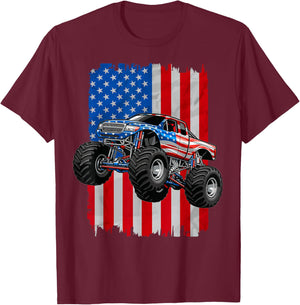 4th of July Monster Trucks USA American Flag Monster Truck T-Shirt - T-Shirt | Maroon