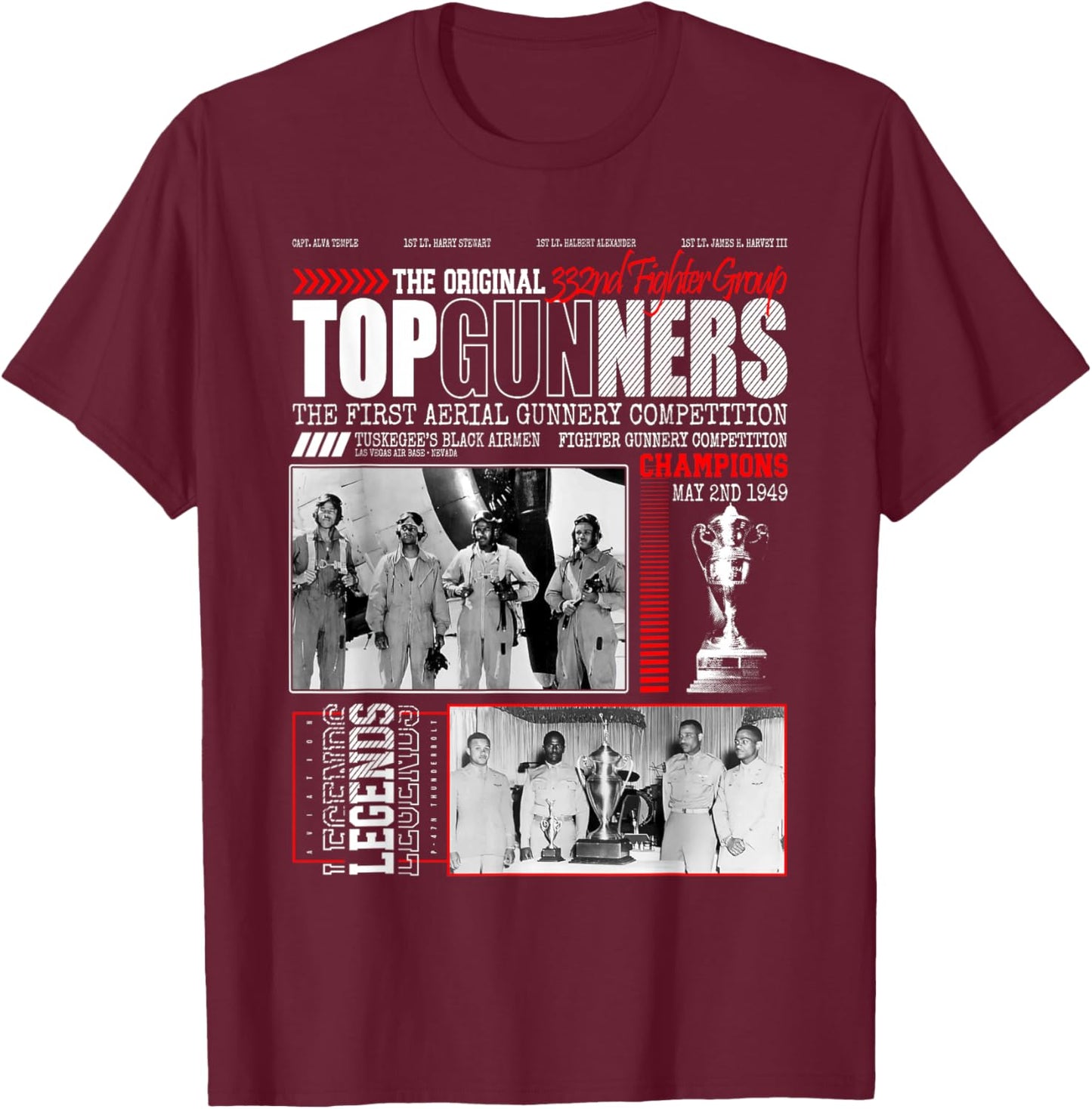 Tuskegee's Top Gunnery 1949 Black Airmen 332nd Fighter Group T-Shirt - T-Shirt | Maroon