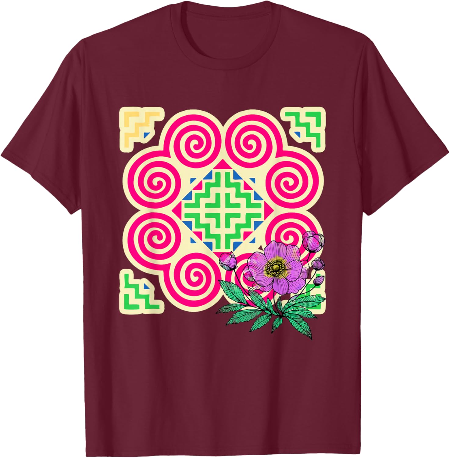 Hmong Pattern Miao Hmoob Patterns Flowers T-Shirt - T-Shirt | Maroon