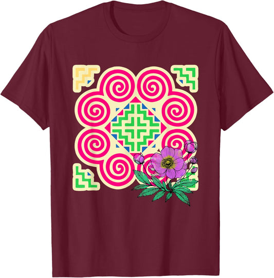 Hmong Pattern Miao Hmoob Patterns Flowers T-Shirt - T-Shirt | Maroon