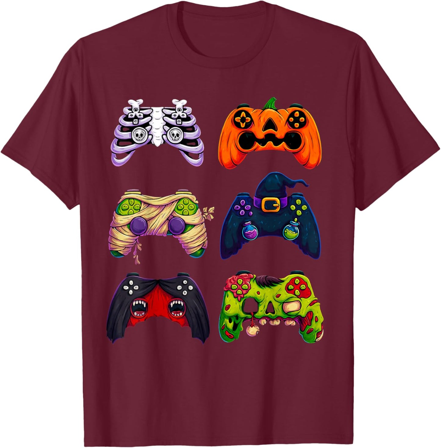 Halloween Skeleton Zombie Gaming Controllers T-Shirt - T-Shirt | Maroon