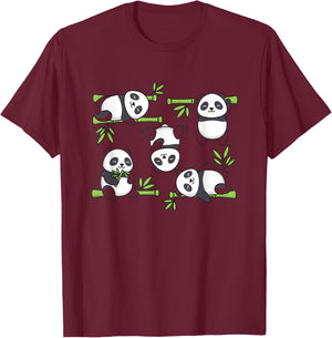 Cute Panda Kids Cartoon Bamboo Pack Playful Kawaii Jungle T-Shirt - T-Shirt | Maroon