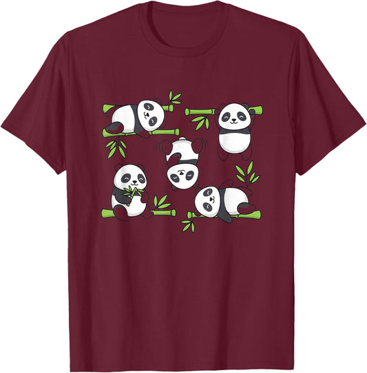 Cute Panda Kids Cartoon Bamboo Pack Playful Kawaii Jungle T-Shirt - T-Shirt | Maroon