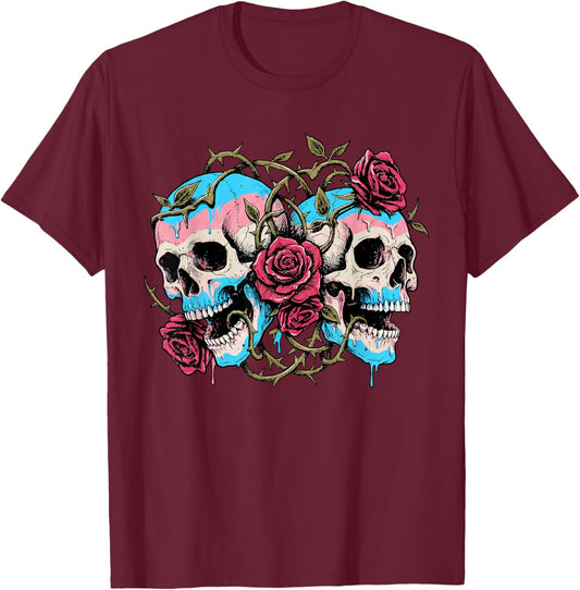Subtle LGBTQ Transgender Pride Trans Flag Roses Skull Ally T-Shirt - T-Shirt | Maroon