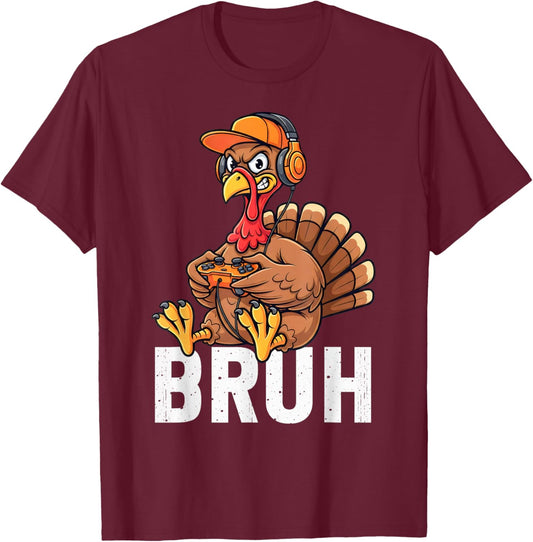 Bruh Turkey Gamer Funny Thanksgiving Video Gaming Boys Kids T-Shirt - T-Shirt | Maroon