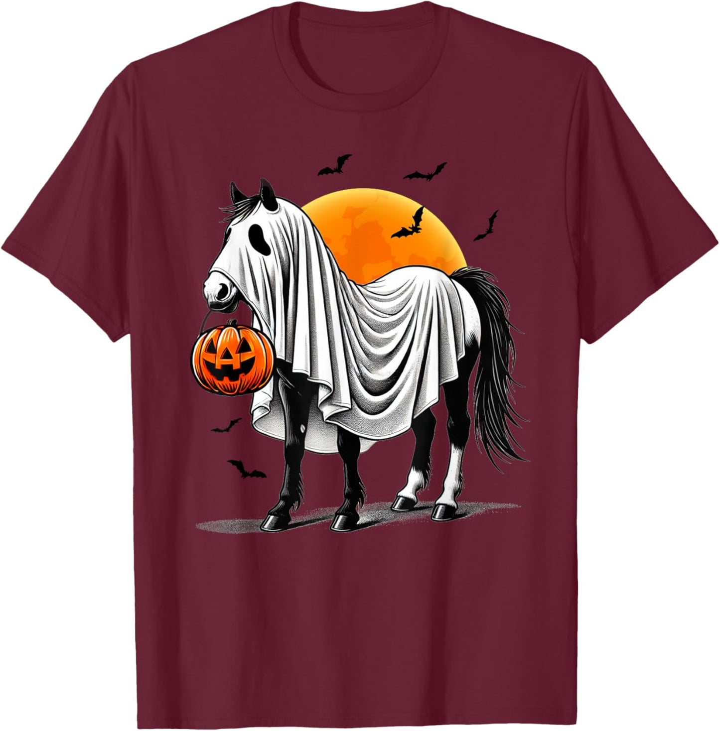 Funny Horse With Jackolantern Ghost Halloween Rider Riding T-Shirt - T-Shirt | Maroon