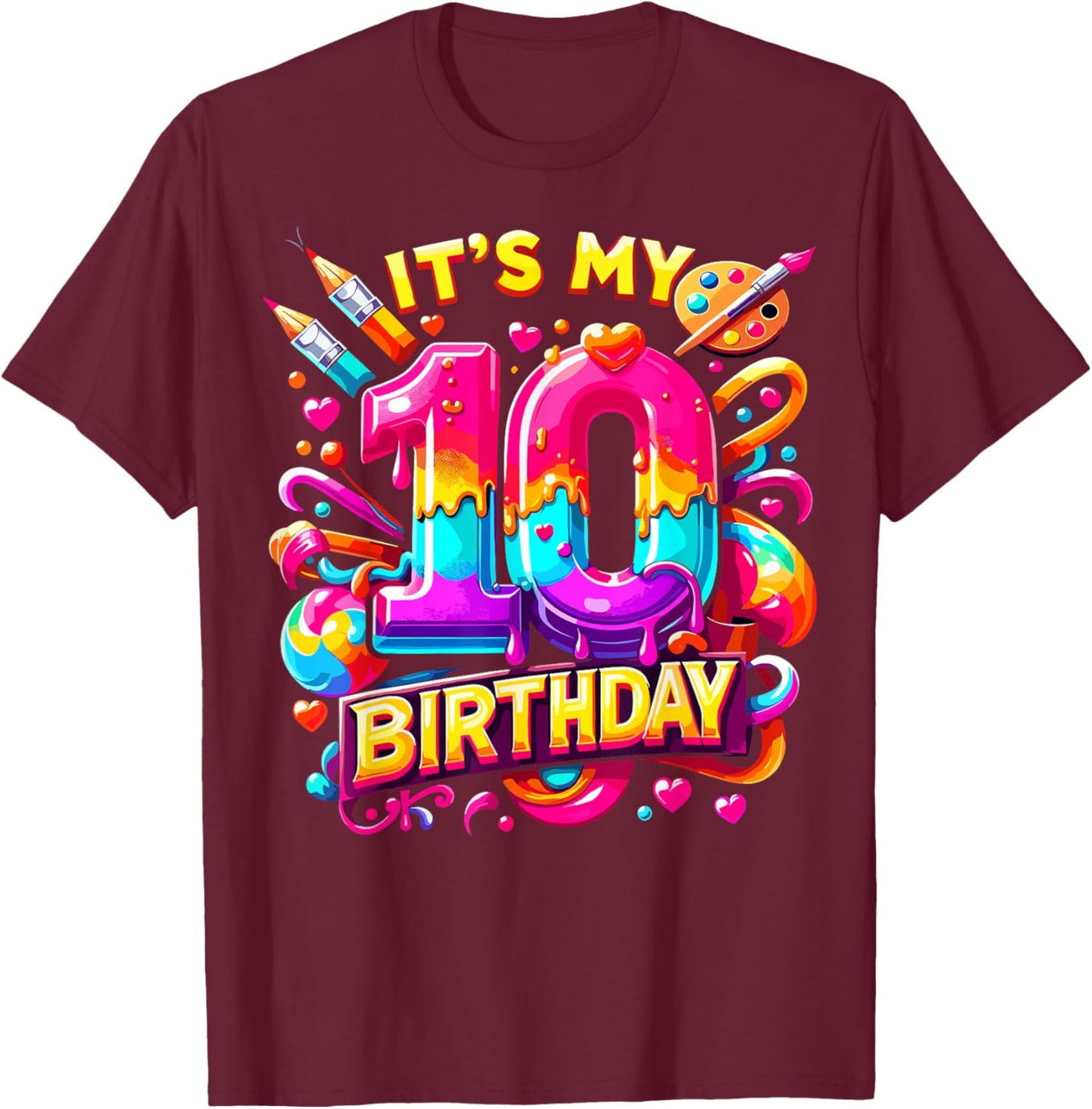 Birthday Girl 10 Year Old Art Painting T-Shirt - T-Shirt | Maroon