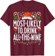Most Likely To Drink All The Wine Xmas Family Christmas T-Shirt - T-Shirt | Maroon