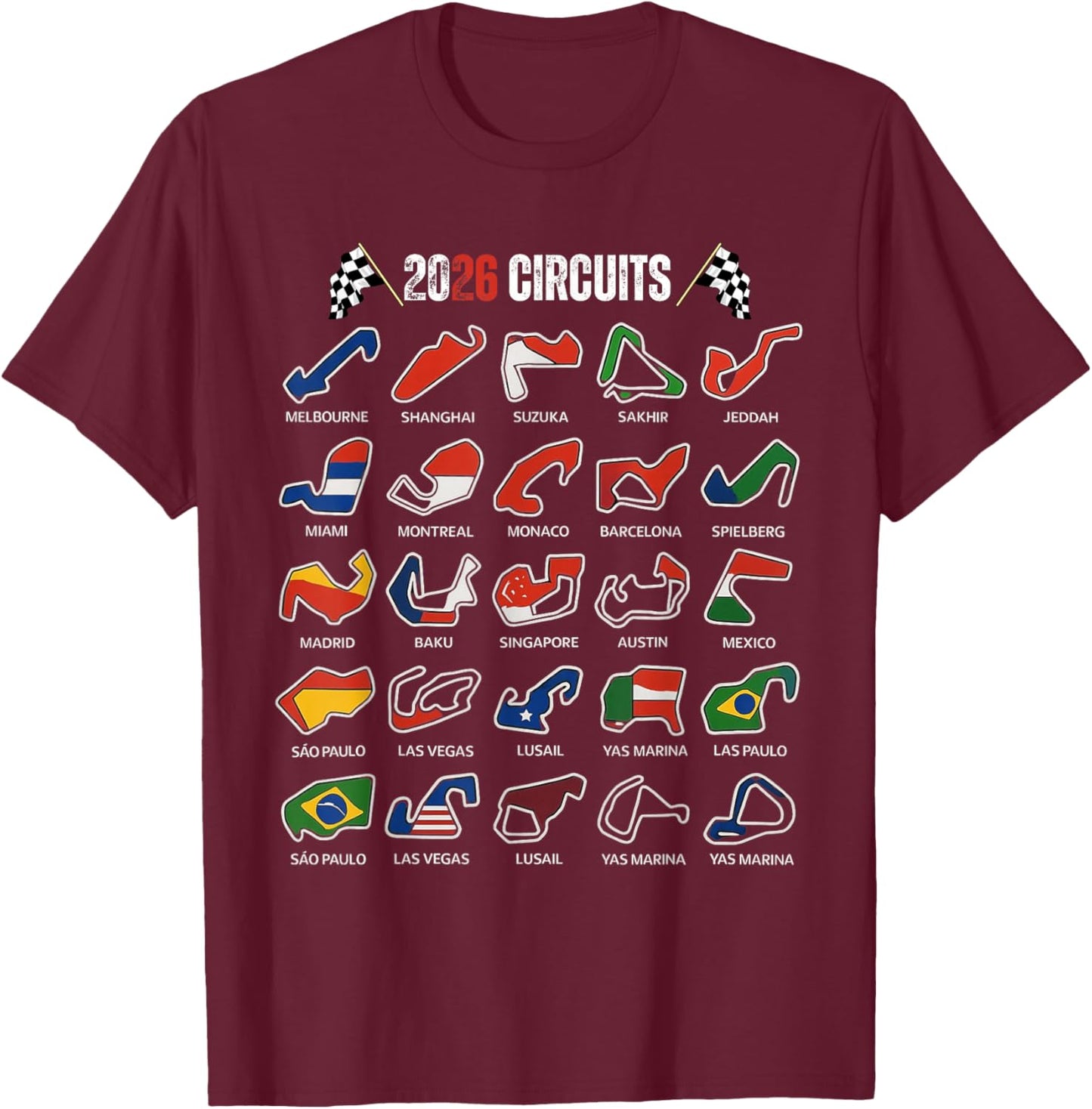 Calendar 2026 Circuit Race Car Silhouette T-Shirt - T-Shirt | Maroon