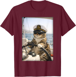 Funny Cat Captain Shirt Sailing Cat Lover Nautical T-Shirt - T-Shirt | Maroon