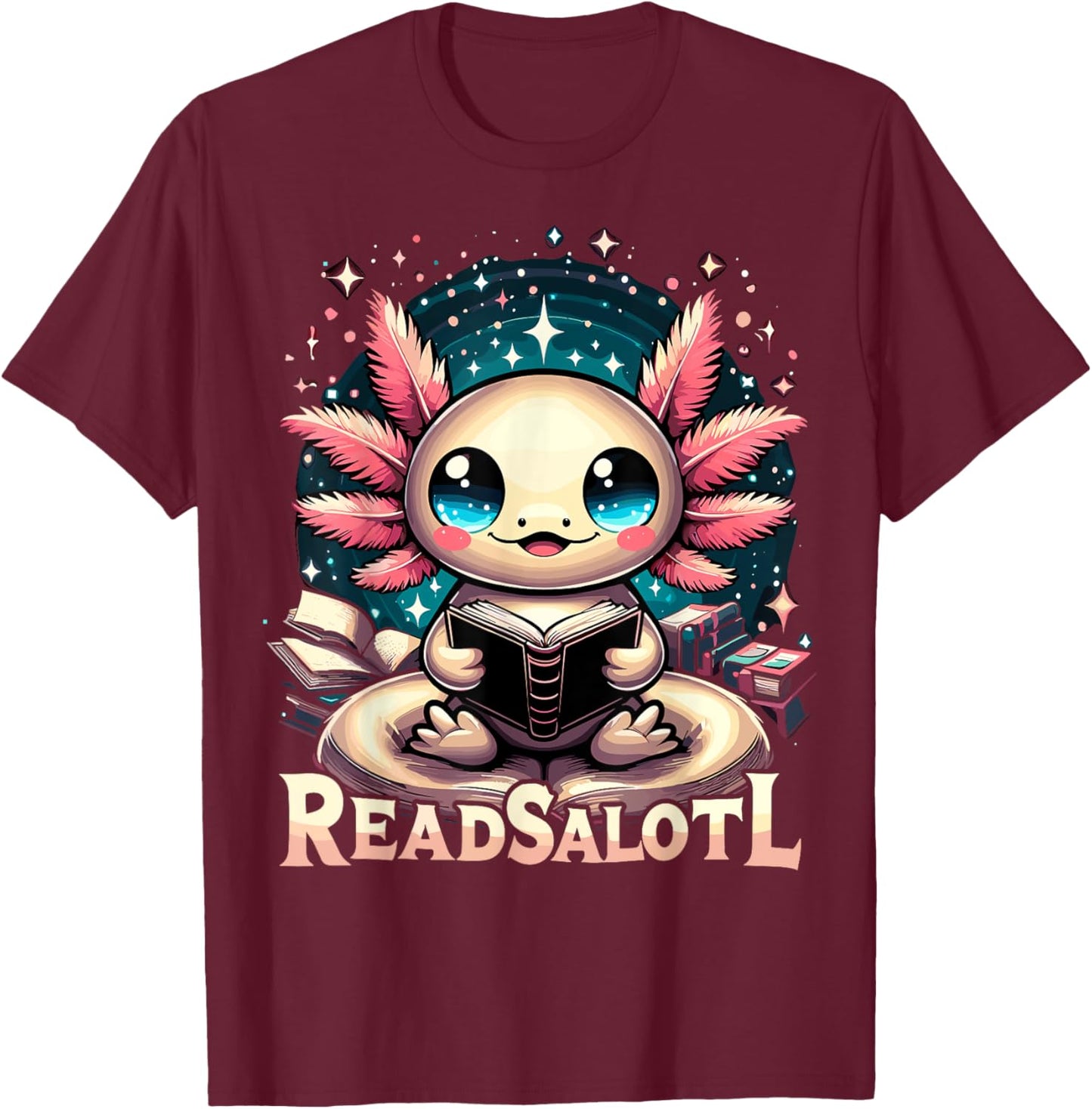 Axolotl Books Lover Readsalotl Reading Bookworm T-Shirt - T-Shirt | Maroon