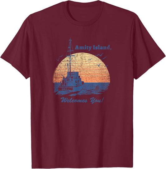 Jaws Vintage Amity Island T-Shirt - T-Shirt | Maroon