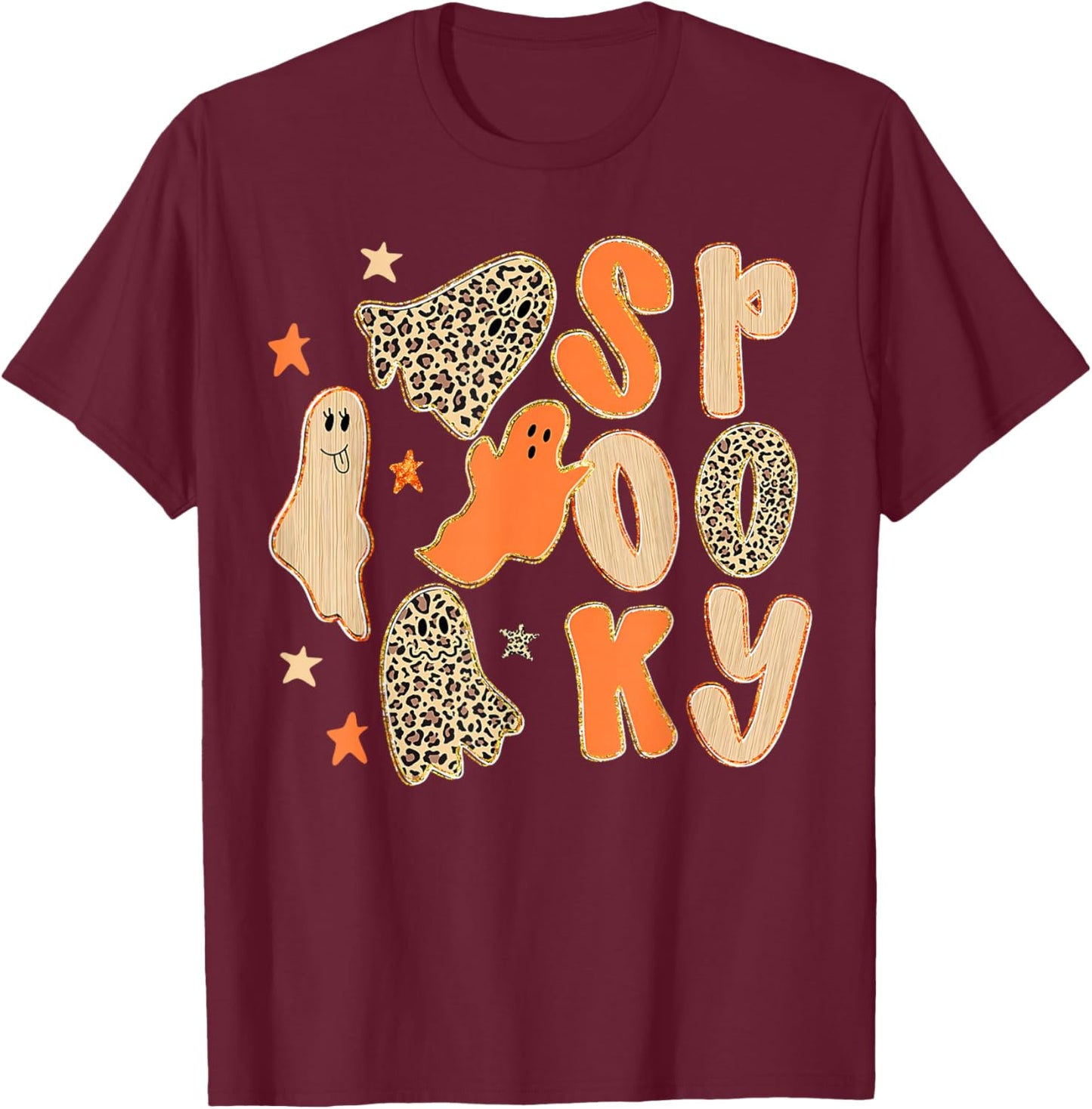 Preppy Leopard Halloween Horror Spooky Season Ghost Boo Girl T-Shirt - T-Shirt | Maroon