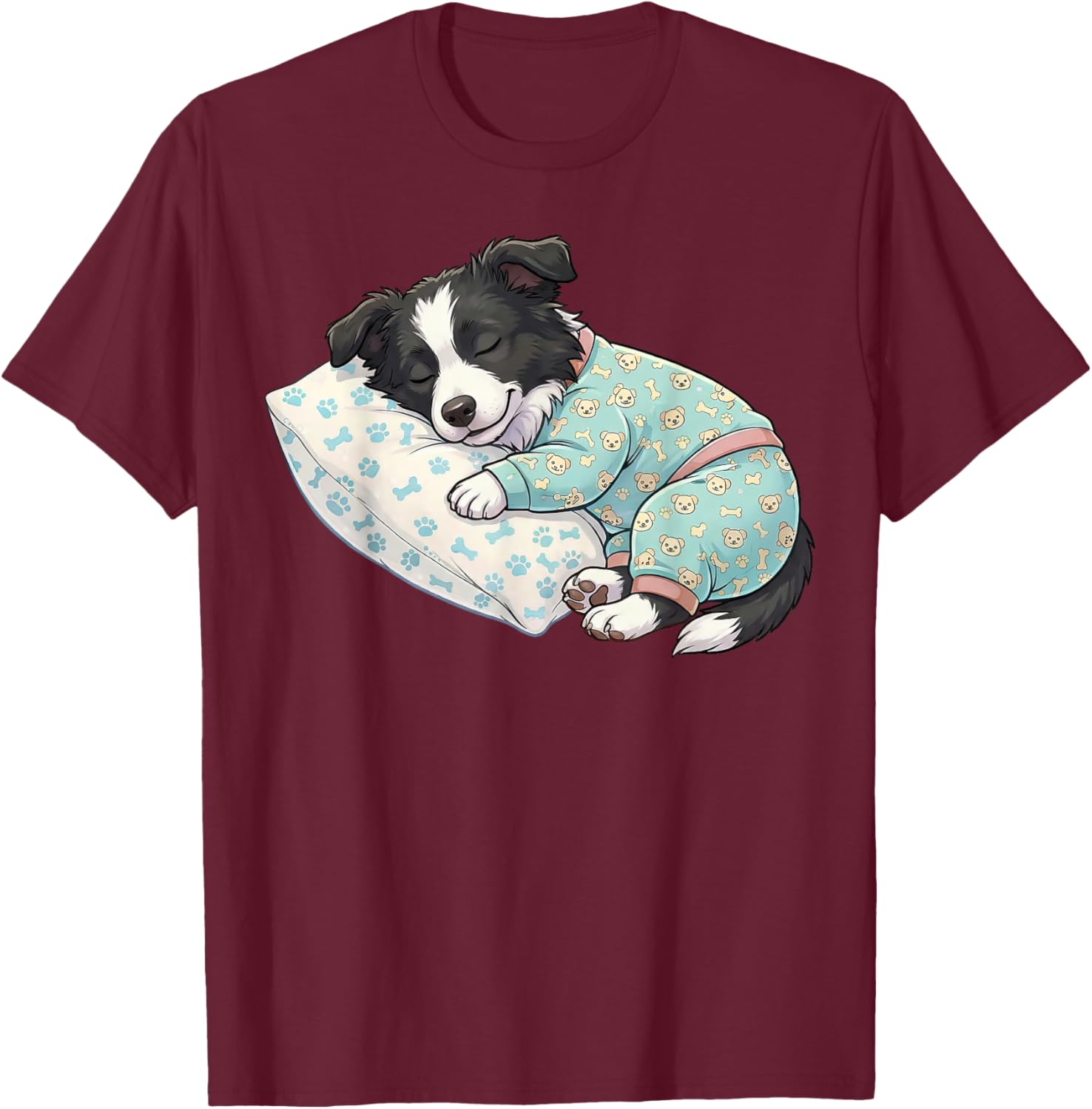 Cute Dog Border Collie Sleeping in Pajamas Bed Art T-Shirt - T-Shirt | Maroon
