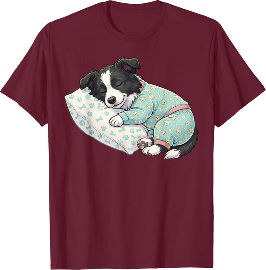 Cute Dog Border Collie Sleeping in Pajamas Bed Art T-Shirt - T-Shirt | Maroon