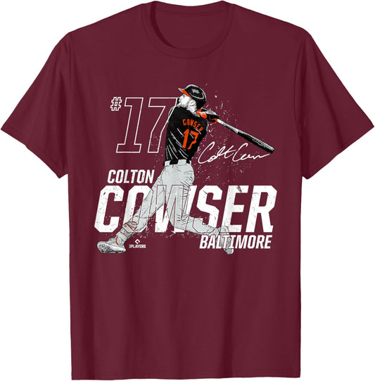 Dynamic Pose Colton Cowser Baltimore Baseball MLBPA T-Shirt - T-Shirt | Maroon