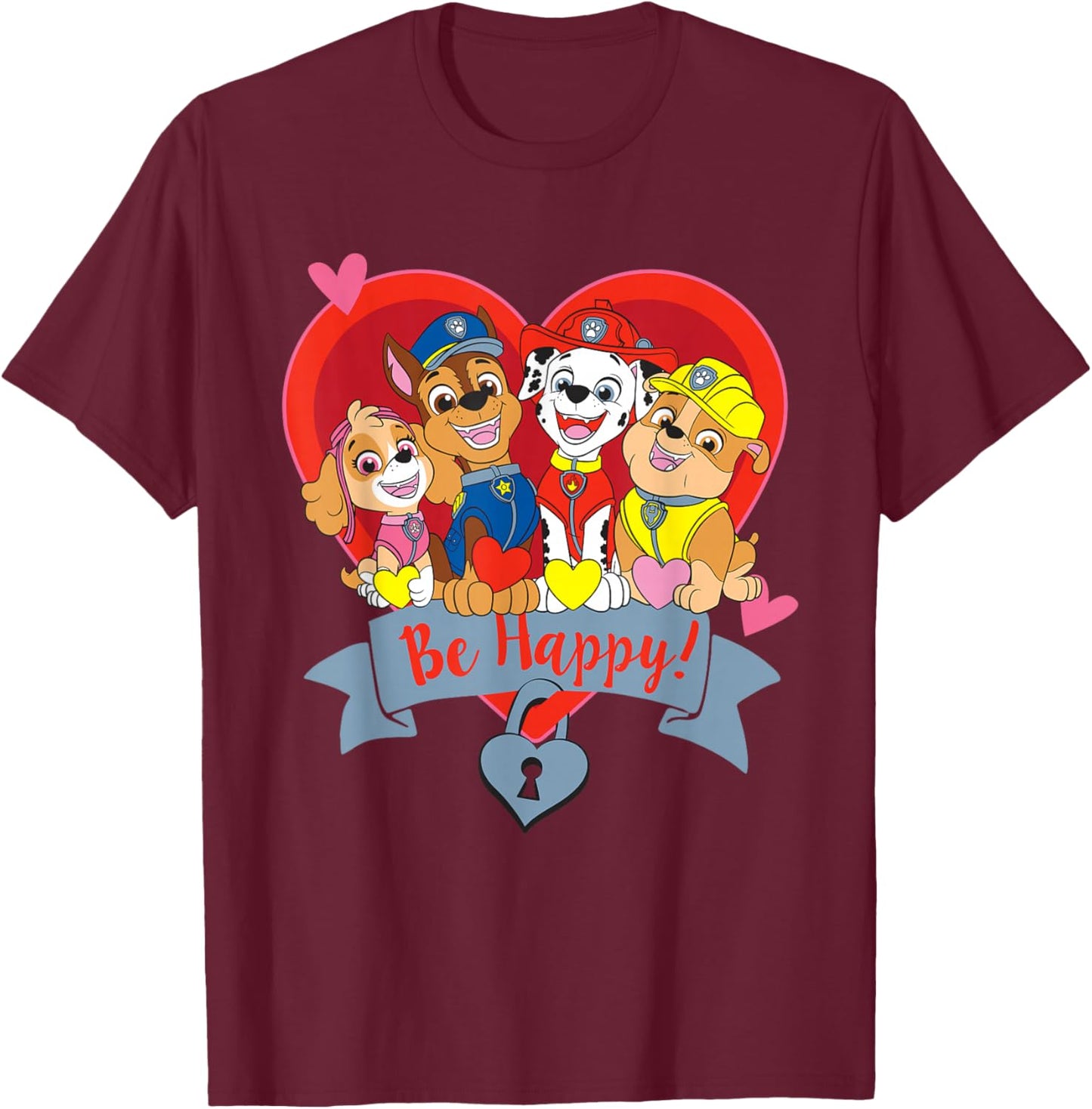 Paw Patrol Valentine's Day Be Happy Heart Group T-Shirt - T-Shirt | Maroon