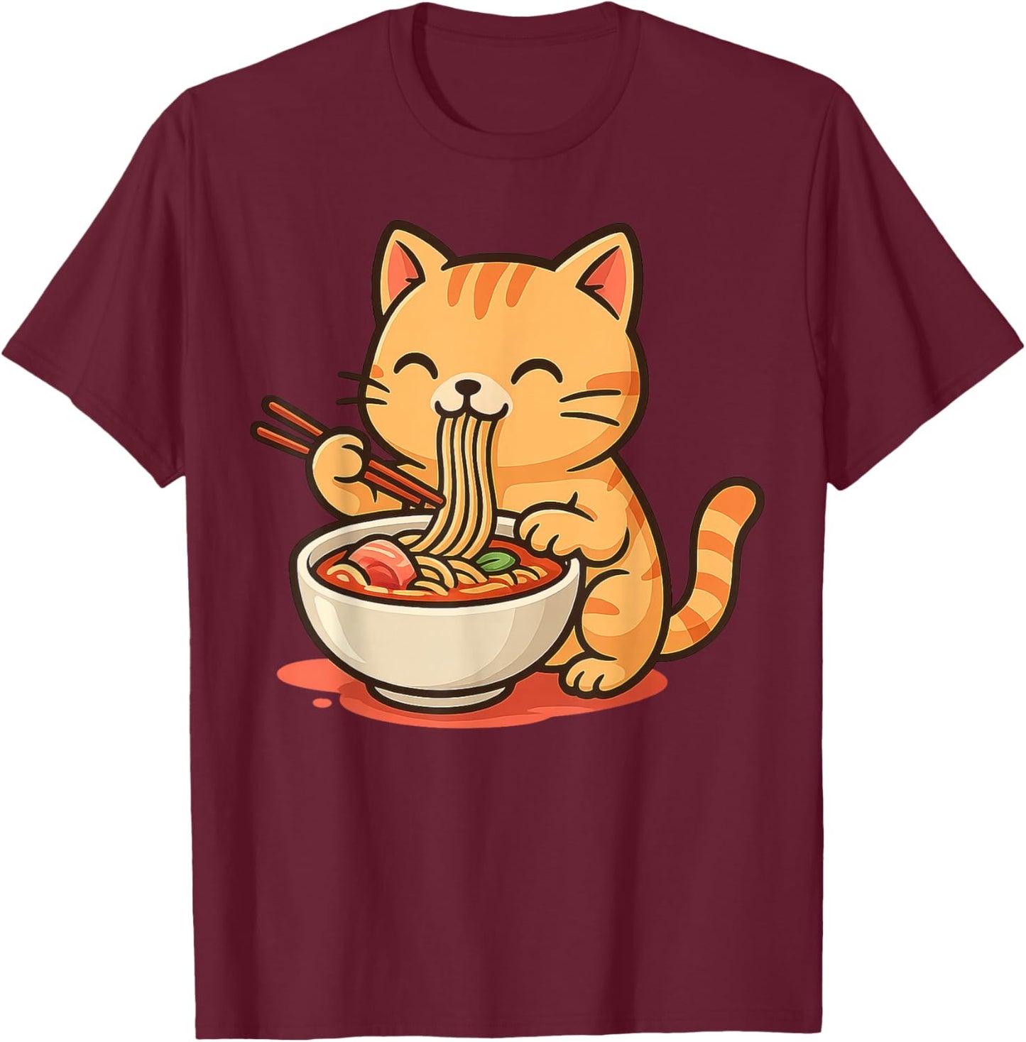 Anime Kawaii Cat Eating Ramen Noodles Men Women Teen Kids T-Shirt - T-Shirt | Maroon