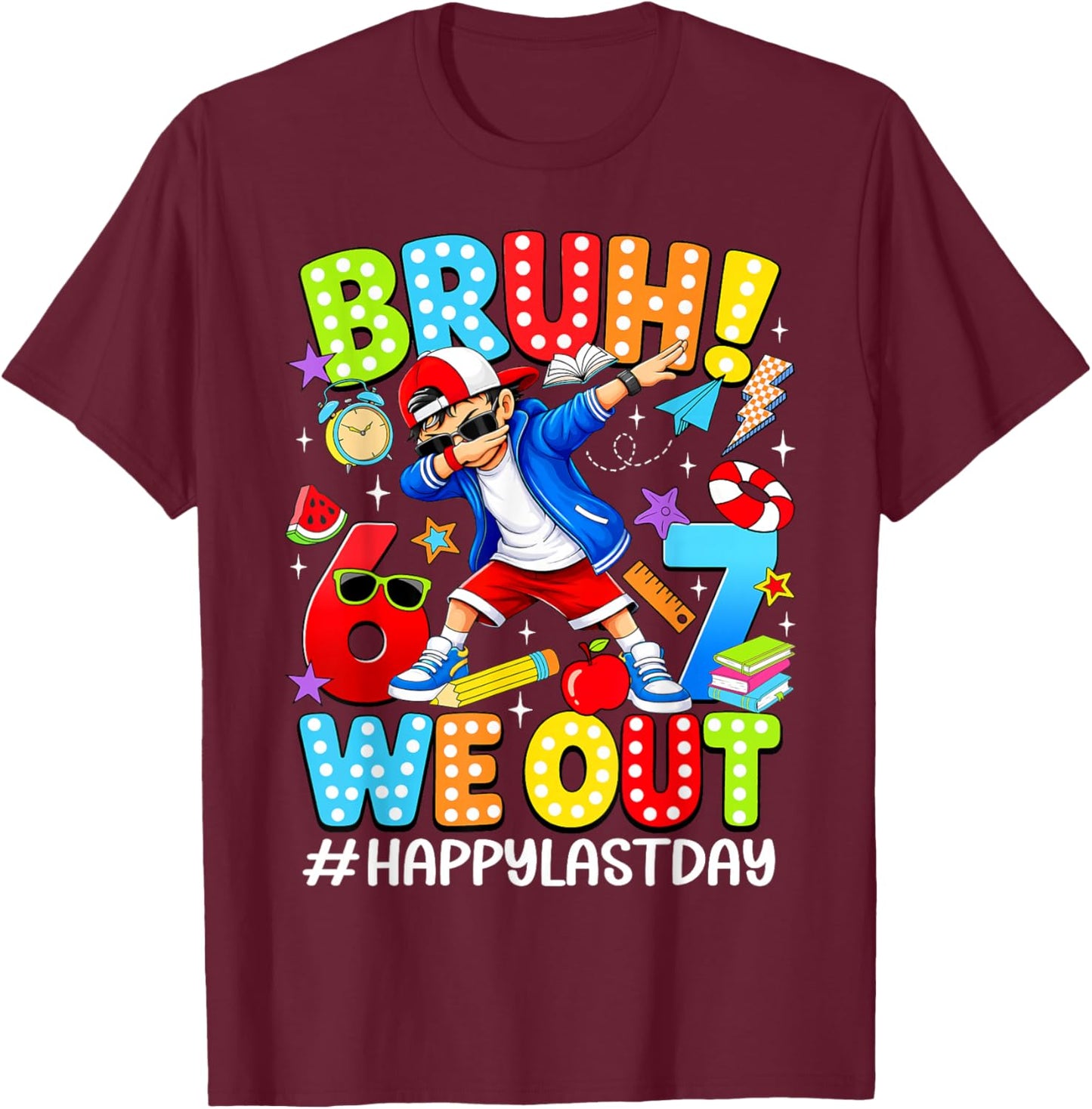 Bruh We Out Happy Last Day of School Dabbing Boy 6 7 Meme T-Shirt - T-Shirt | Maroon