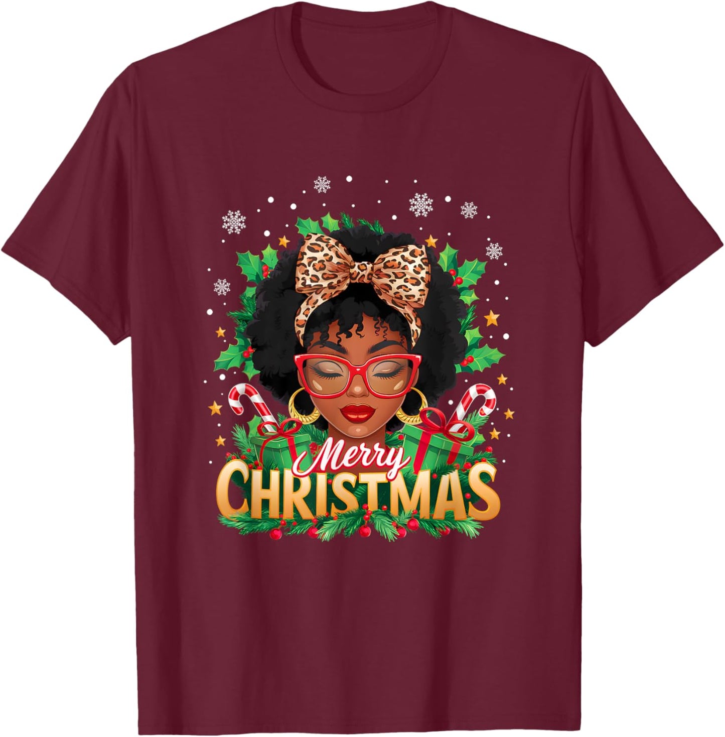 Merry Christmas African American Black Women Afro Messy Bun T-Shirt - T-Shirt | Maroon