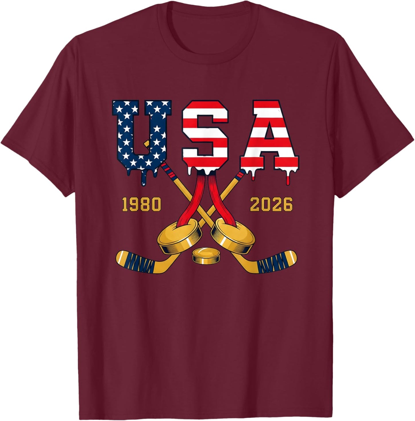 Hockey USA Retro 1980 2026 Vintage Sports Design T-Shirt - T-Shirt | Maroon
