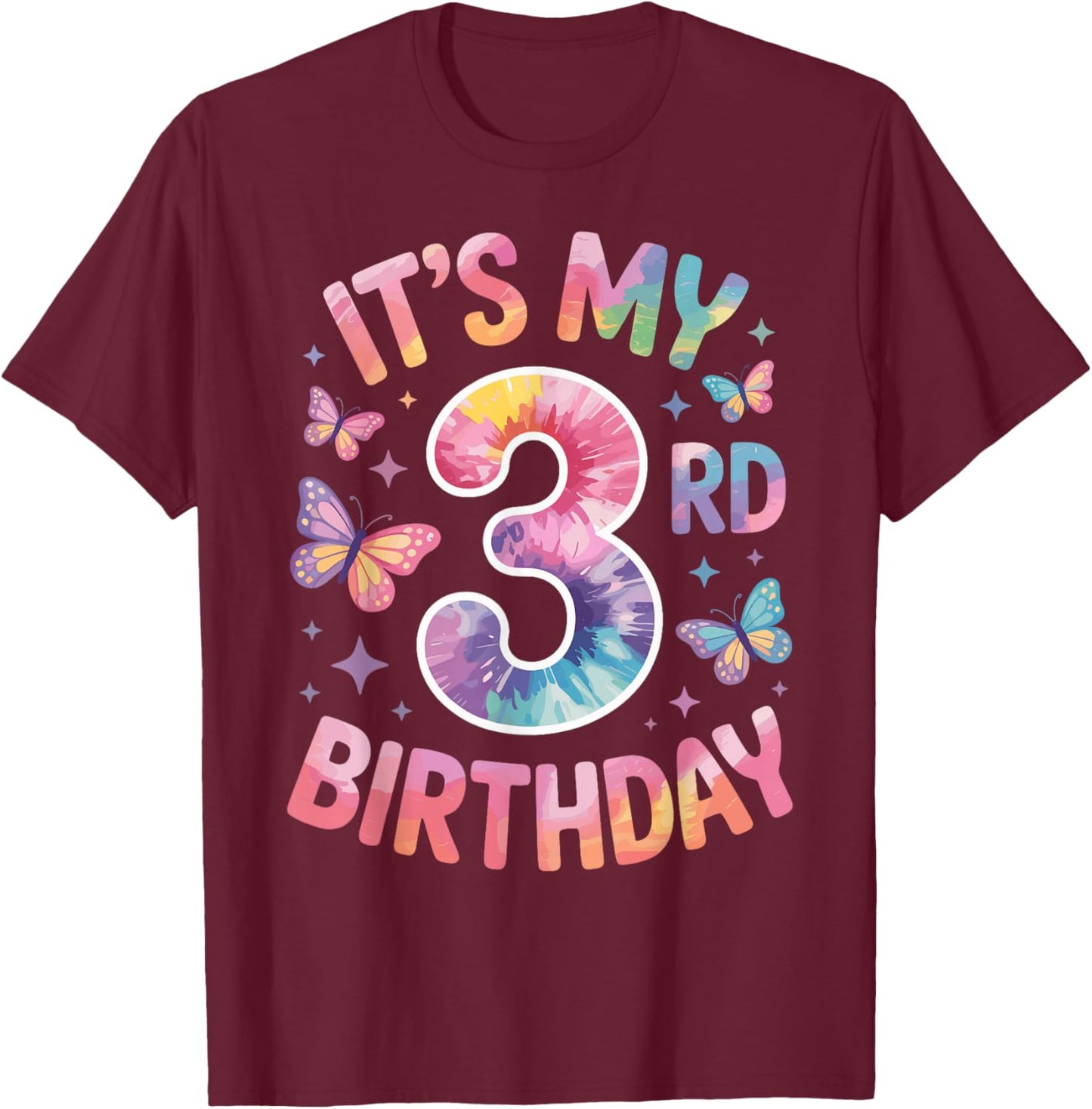 It's My 3rd Birthday - Tie Dye Butterfly Design T-Shirt - T-Shirt | Maroon