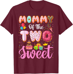 Mommy of the Two Sweet Mom 2nd Birthday Girl Donut Party T-Shirt - T-Shirt | Maroon