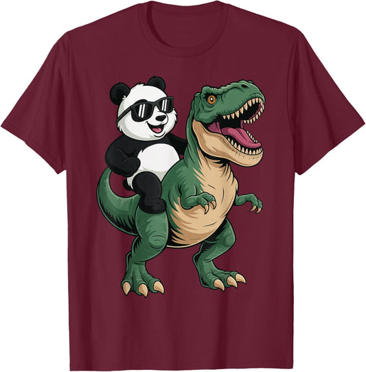 Panda Riding T-Rex T-Shirt - T-Shirt | Maroon
