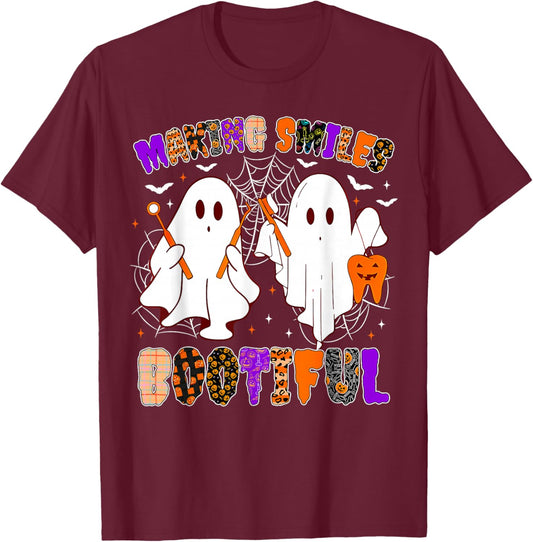 Making Smiles Bootiful Funny Ghost Dentist Halloween Dental T-Shirt - T-Shirt | Maroon