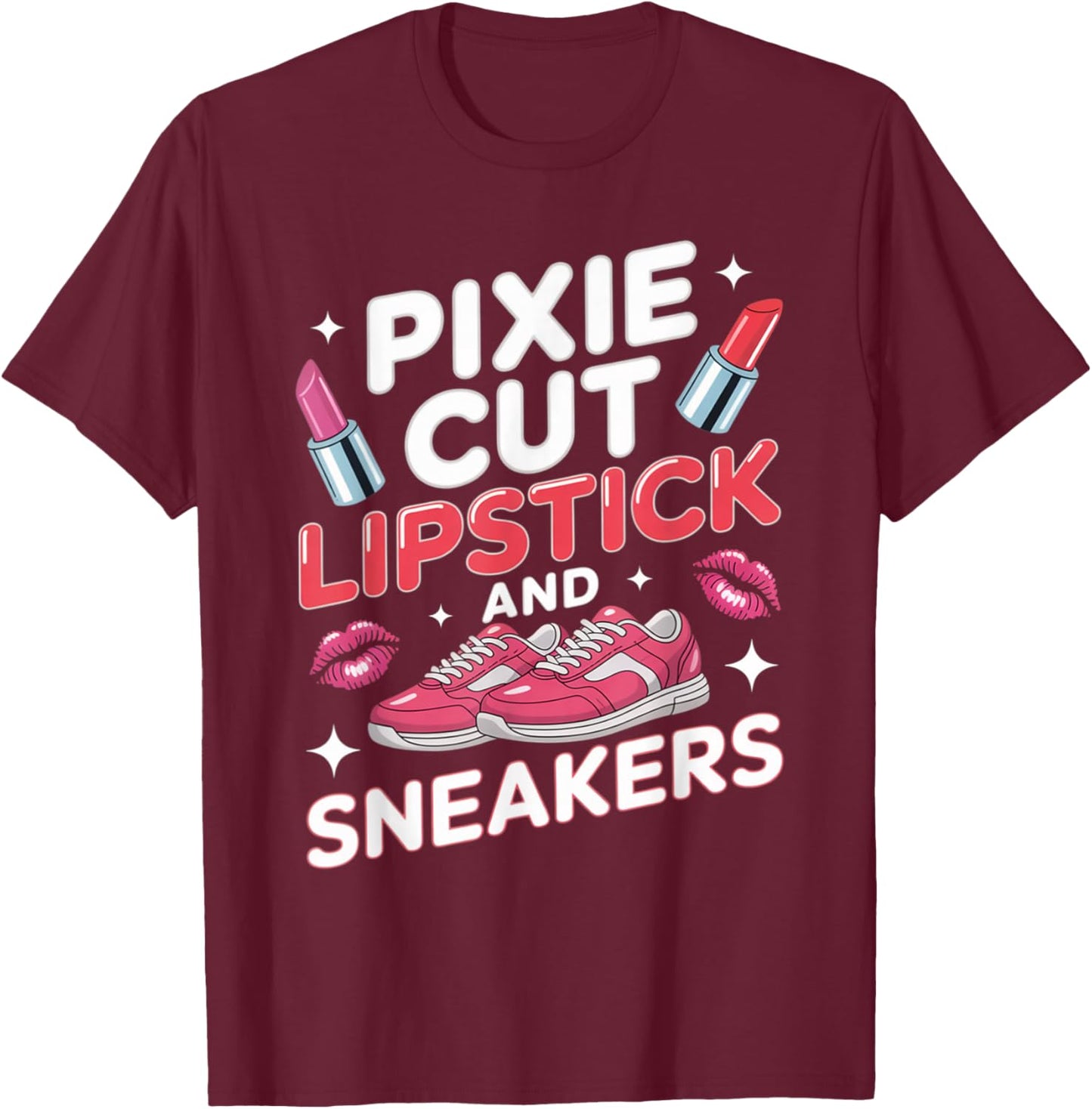 Pixie Cut Lipstick and Sneakers Short Hair Style T-Shirt - T-Shirt | Maroon