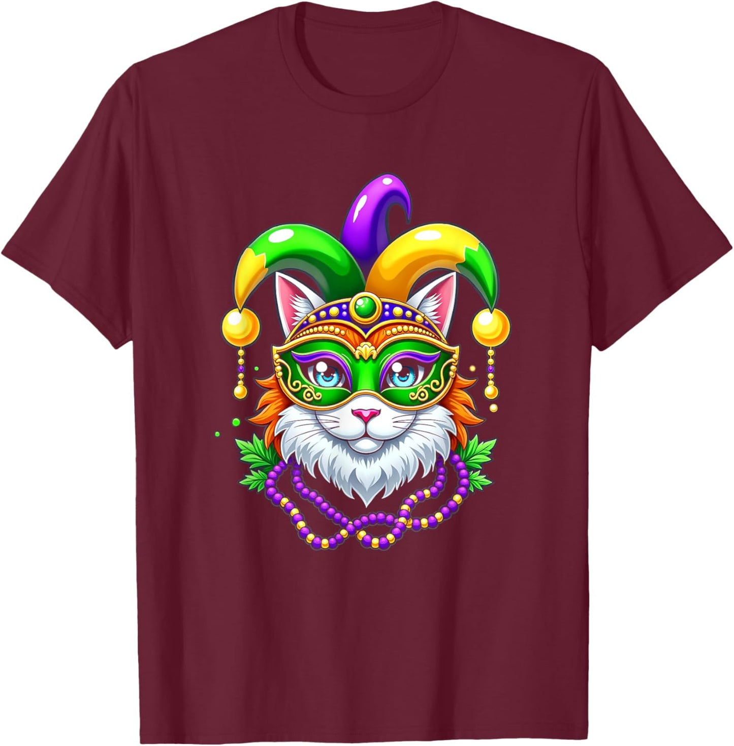 Mardi Gras Cat Jester Mask Party Festival T-Shirt - T-Shirt | Maroon