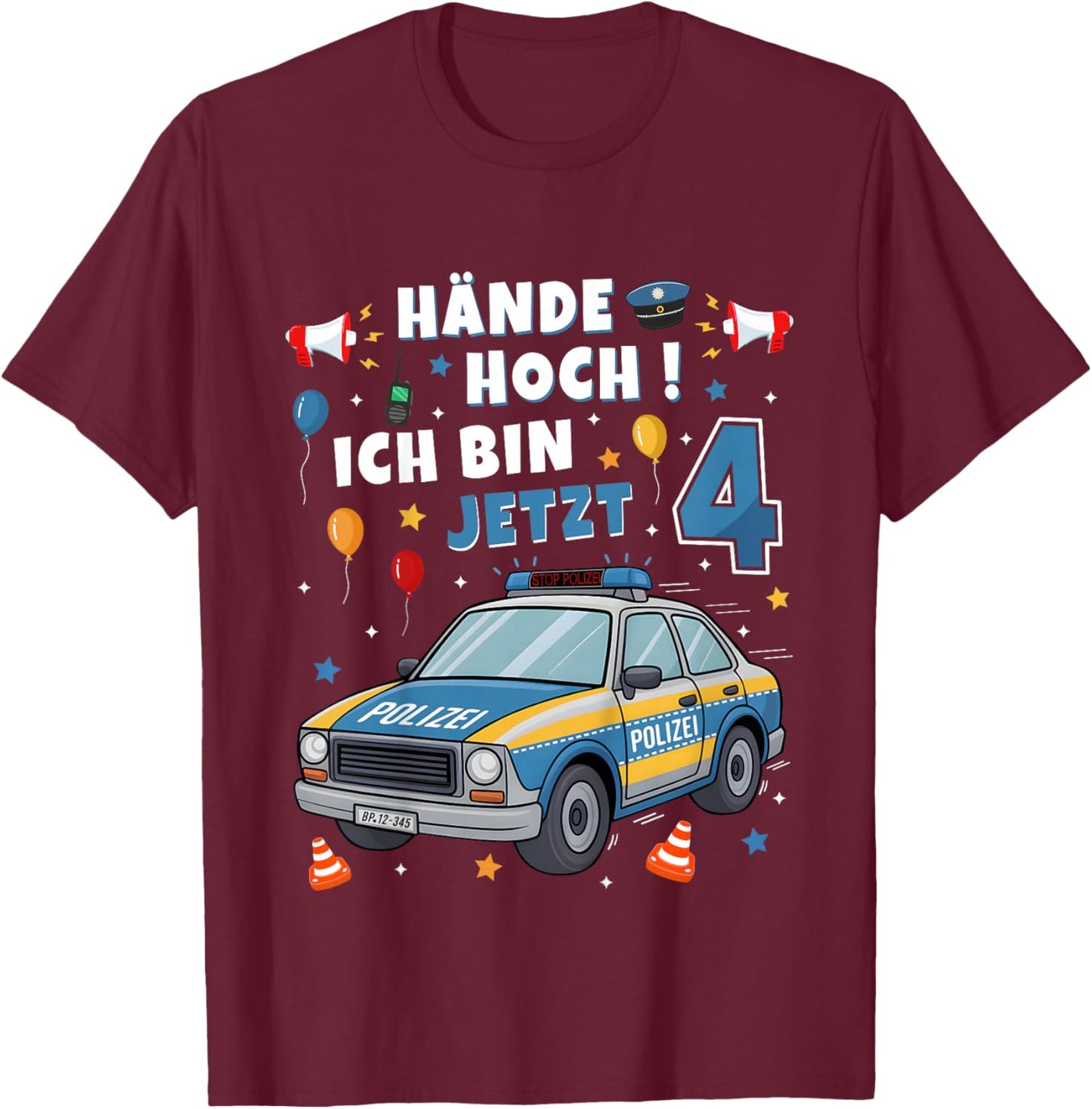 4th Birthday Boy Girl Police Gifts Police Car T-Shirt - T-Shirt | Maroon
