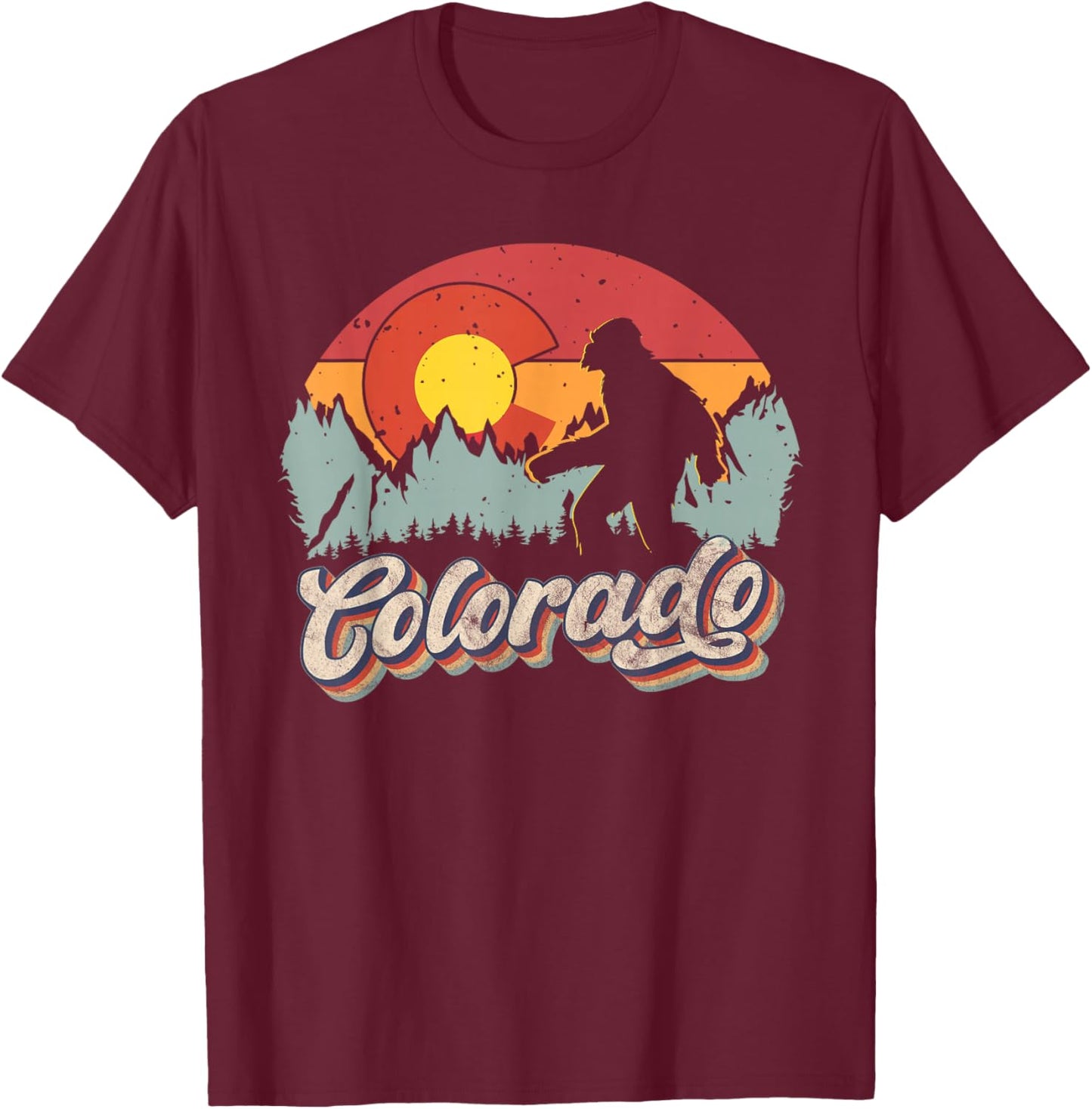 Colorado Mountain Hiking Bigfoot Camping Retro 80s Sasquatch T-Shirt - T-Shirt | Maroon