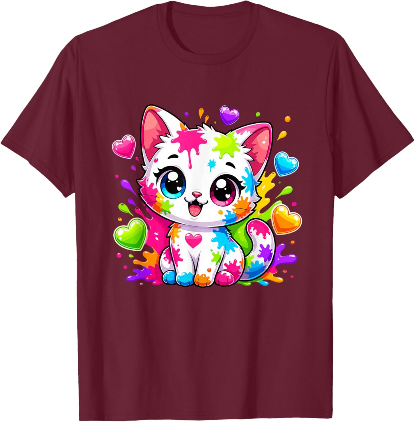Coloré Rainbow Paint Splash Kawaii Chaton Mignon T-Shirt - T-Shirt | Maroon