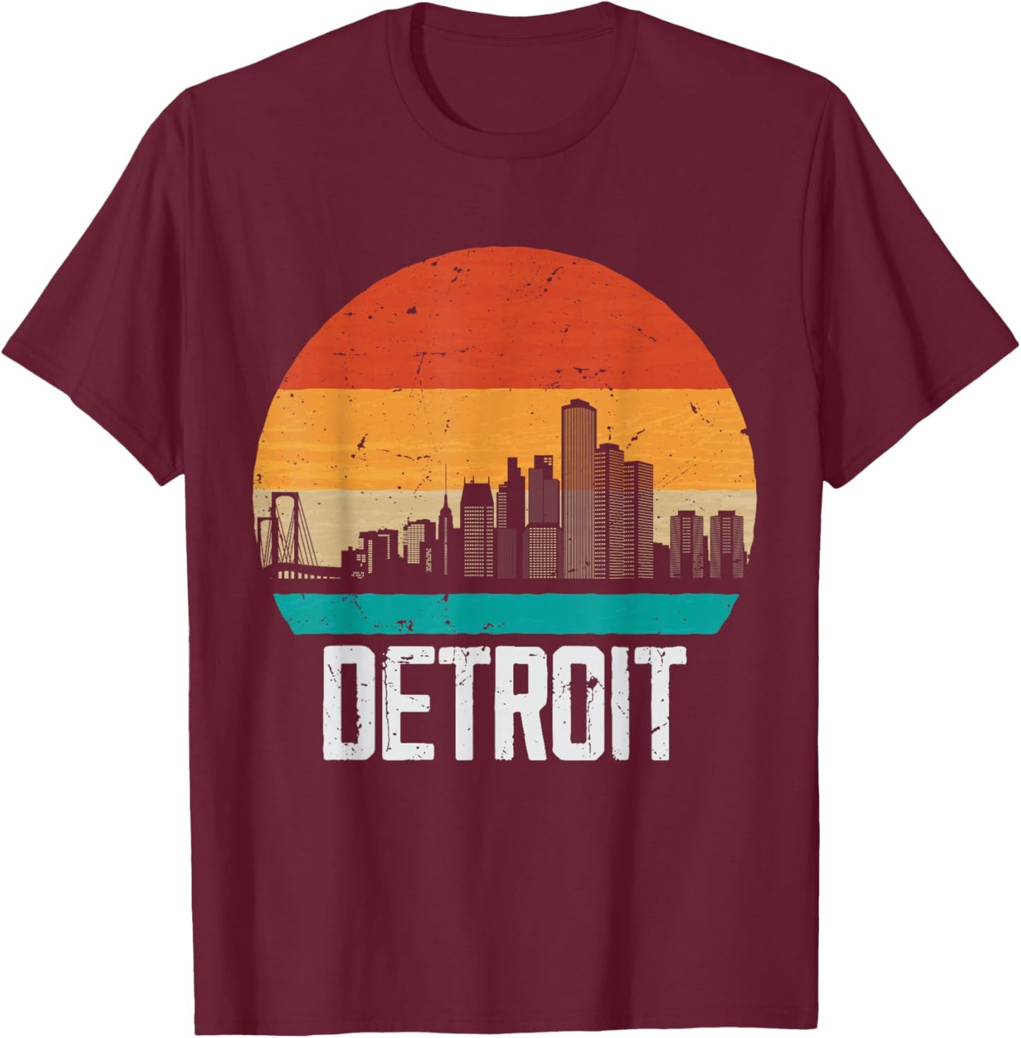 Detroit Michigan USA Retro Vintage Sunset Skyline Detroit T-Shirt - T-Shirt | Maroon