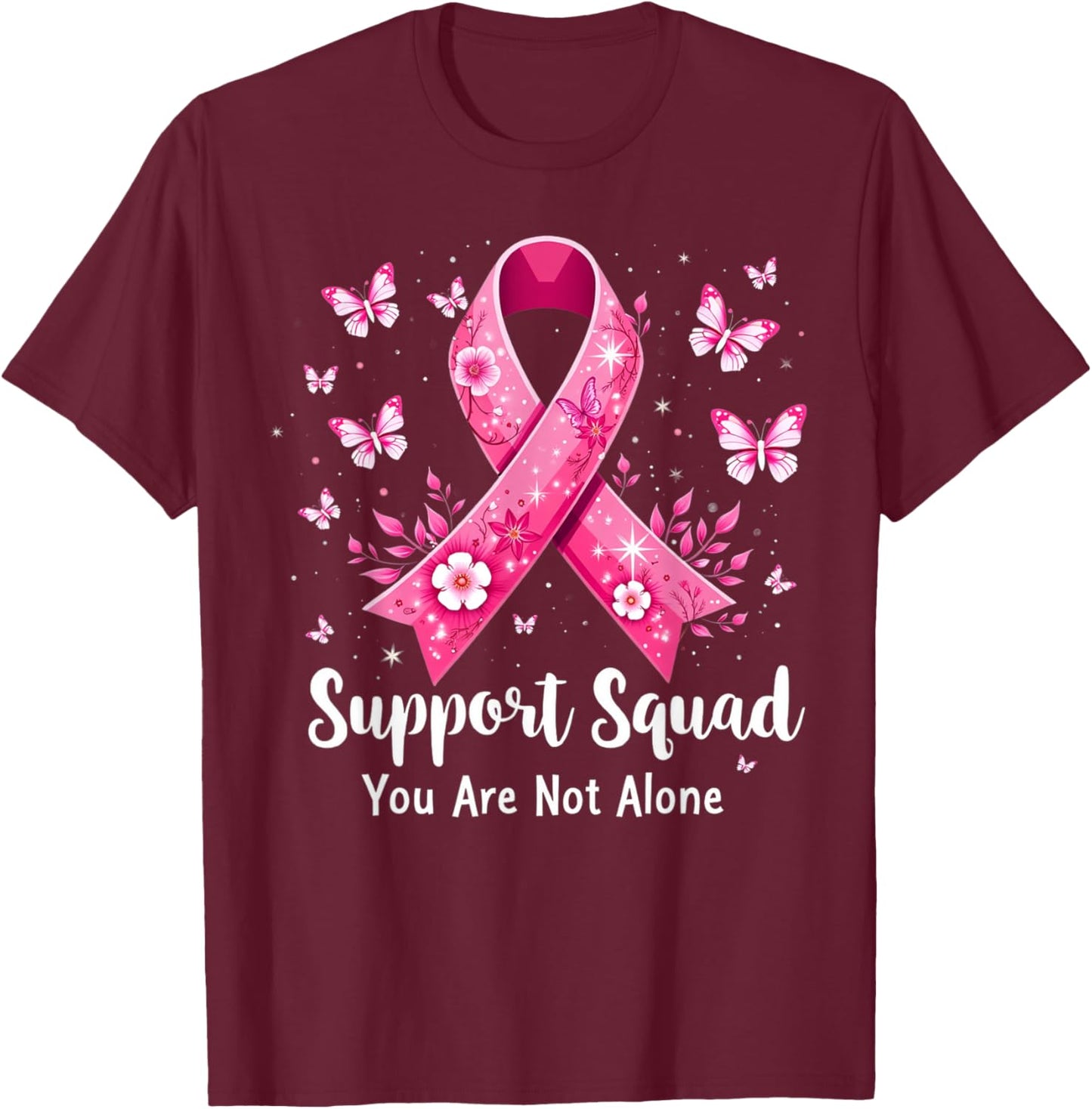 Support Squad Breast Cancer Awareness Butterfly Pink Ribbon T-Shirt - T-Shirt | Maroon