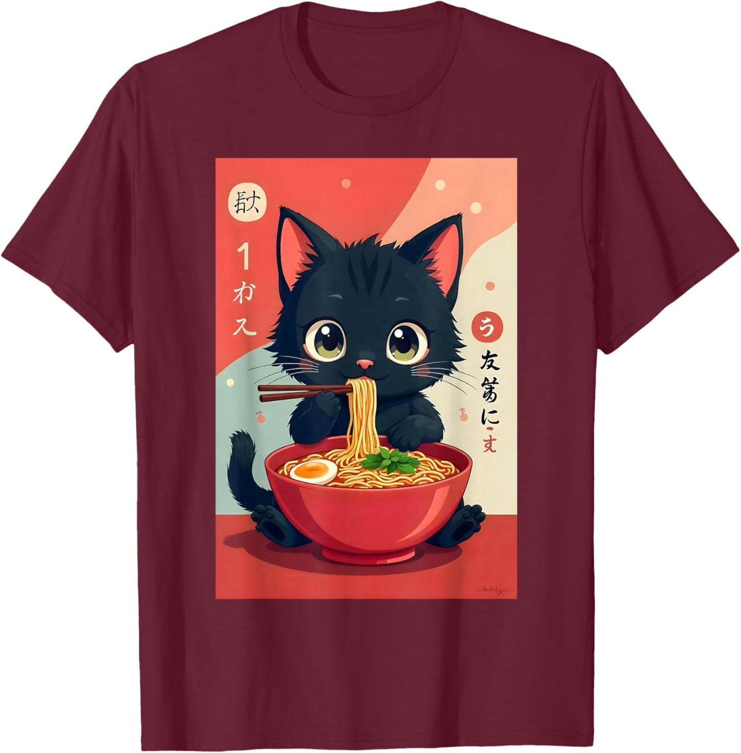 Kitten Eating Japanese Noodles Anime Manga Baby Cat Ramen T-Shirt - T-Shirt | Maroon
