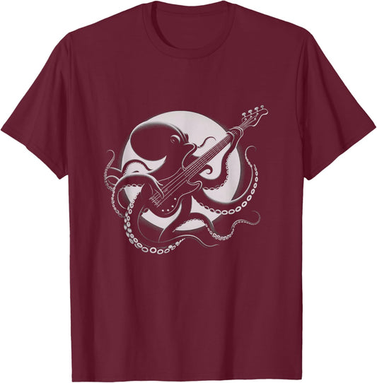 Vintage Octopus Playing Bass Guitar Drawing Art Design T-Shirt - T-Shirt | Maroon