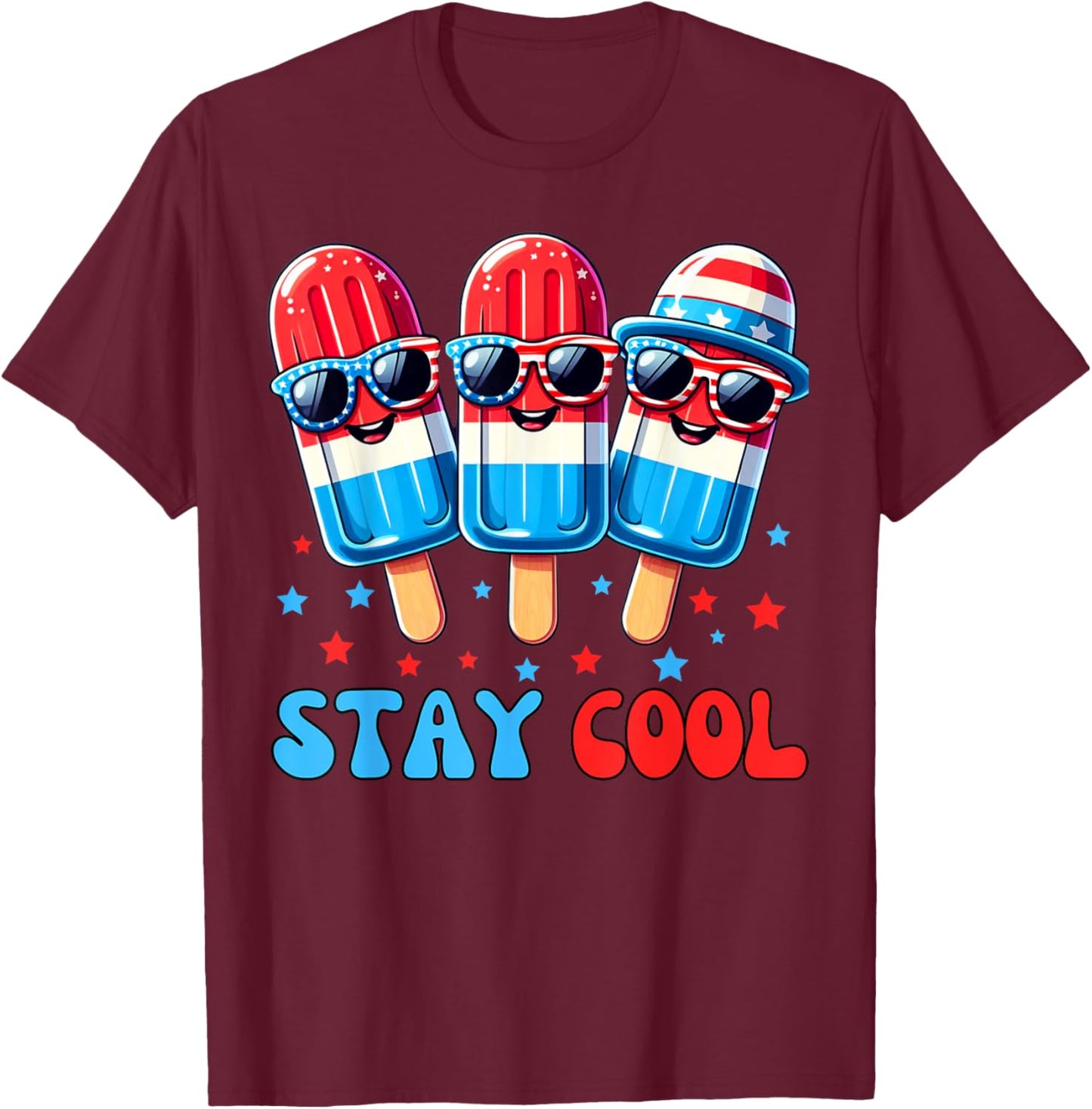 Stay Cool Popsicle 4th of July Boys Men USA American Flag T-Shirt - T-Shirt | Maroon