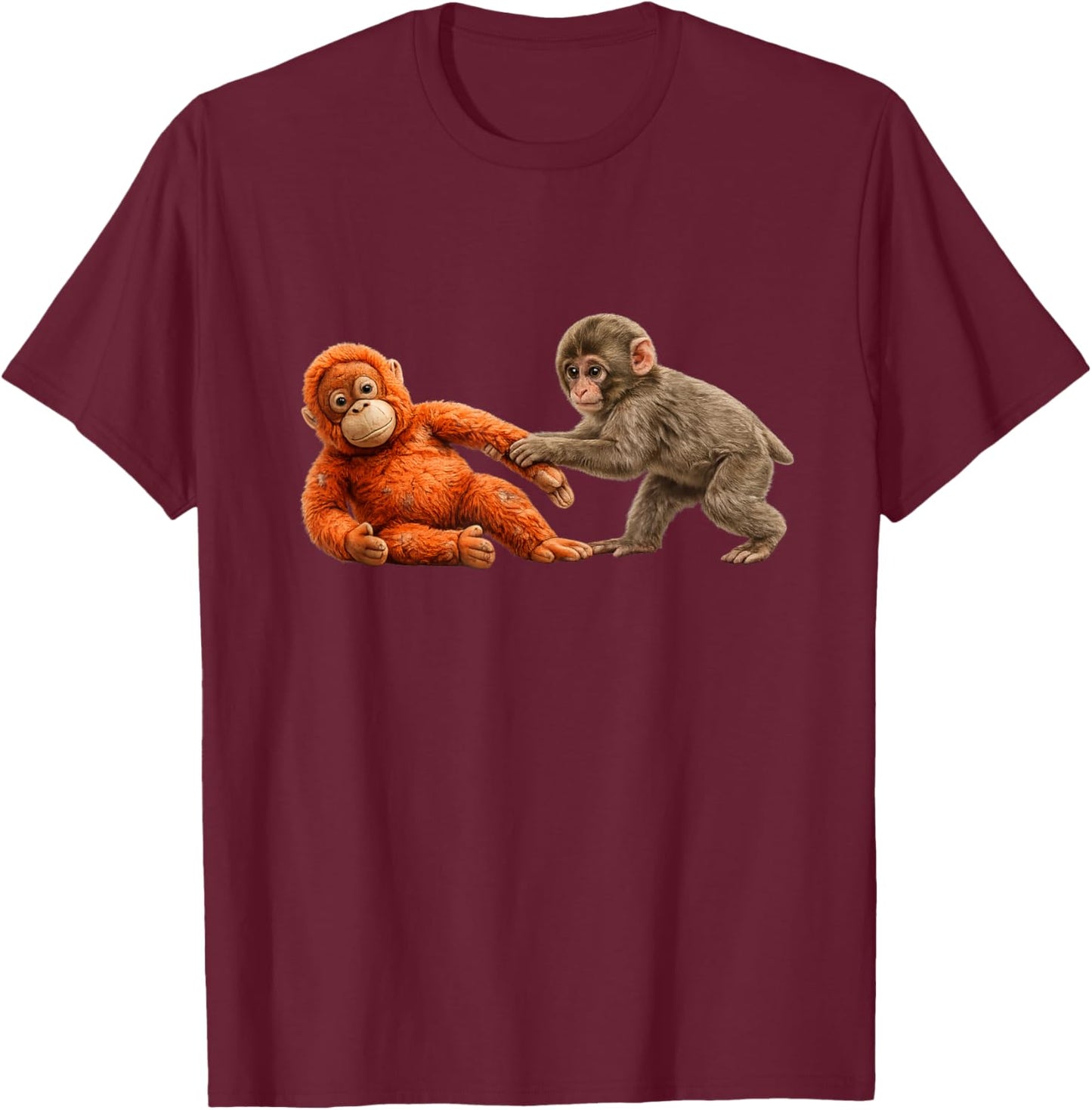 Baby Monkey Abandoned by Mother Hugging Plush Monkey T-Shirt - T-Shirt | Maroon